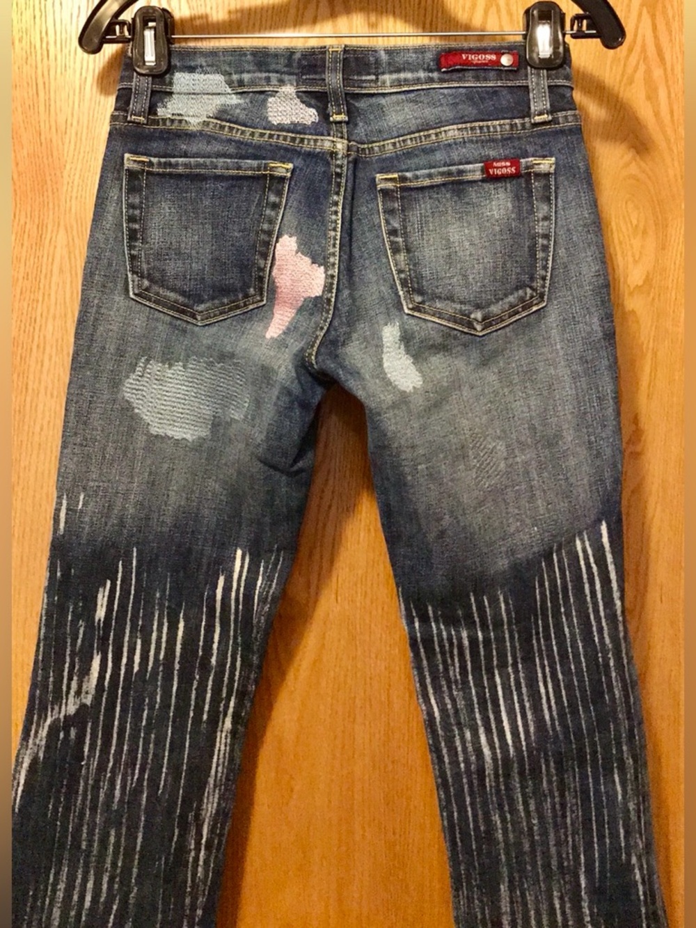 RARE Miss Vigoss 1/2 low rise boho embroidered design stripe artist jeans EUC